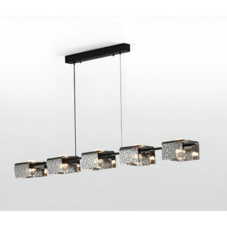 Five-light copper linear chandelier with sculptural textured glass shades and matte black frame