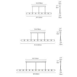 Technical diagram with measurements for three sizes of the linear pendant light, including width, height, and diameter