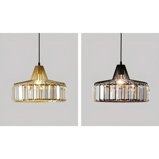 Two modern pendant lights in gold and black finishes with faceted K9 crystal bars