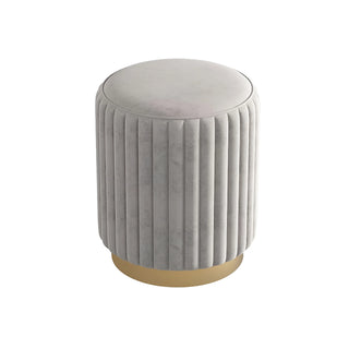 Gray Nordic makeup stool with vertical stitching and golden base, upholstered in soft fleece fabric