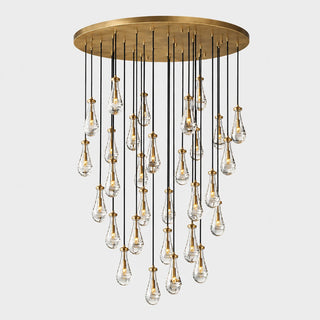 Guttara round 31-light raindrop chandelier, grand brass cascade studio view