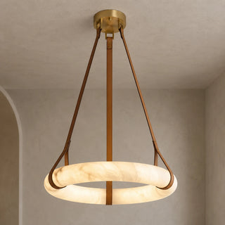 Halara alabaster ring chandelier with brass canopy, warm angled studio view