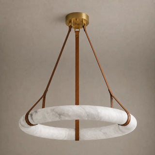 Halara alabaster ring chandelier on leather straps, unlit studio view showing natural stone veining