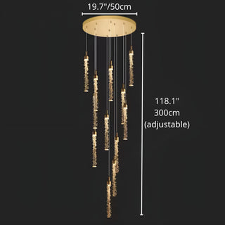 Dimensions of the Kaelix 12-light crystal staircase chandelier with a 50 cm ceiling canopy and 300 cm adjustable suspension for high ceilings