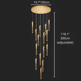 Dimensions of the Kaelix 15-light crystal staircase chandelier with adjustable 300 cm suspension cables for stairwells, foyers, and high ceilings