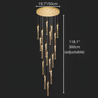 Dimensions of the Kaelix 18-light crystal staircase chandelier with a 50 cm ceiling canopy and adjustable 300 cm hanging cables for luxury staircase lighting