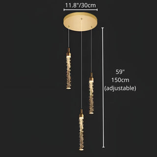 Dimensions of the Kaelix three-light crystal pendant chandelier with adjustable suspension for staircases and foyers