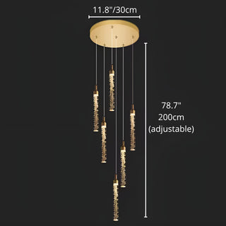 Dimensions of the Kaelix 6-light crystal staircase chandelier with a 30 cm ceiling canopy and 200 cm adjustable suspension cables