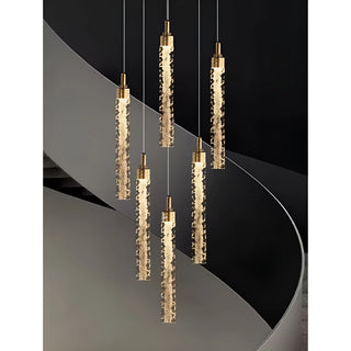 Six-light Kaelix crystal staircase chandelier with suspended LED pendants for modern stairwell lighting