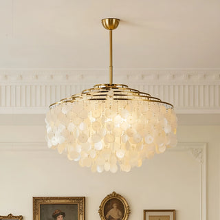 Large gold capiz shell chandelier for luxury dining room and elegant living spaces