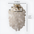 Large gold Capiz Shell Wall Sconce dimensions chart showing 15-inch width and 23.6-inch height with layered shell disc detailing