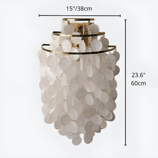 Large gold Capiz Shell Wall Sconce dimensions chart showing 15-inch width and 23.6-inch height with layered shell disc detailing