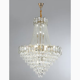 Roure classic crystal chandelier on a grey background, tiered metal frame with crystal drops