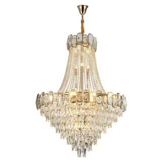 Classic modern crystal chandelier with a tiered metal frame for a lobby or hall