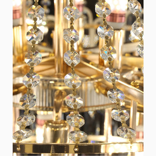 Close-up of crystal drops and E12 LED fittings on the Roure chandelier