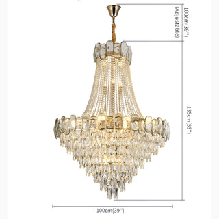 Dimension diagram of the Roure crystal chandelier in three sizes from 23.6 to 39.4 inches diameter