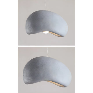 contemporary oversized gray pendant lamp featuring organic asymmetrical shape and rough textured surface, minimal neutral background