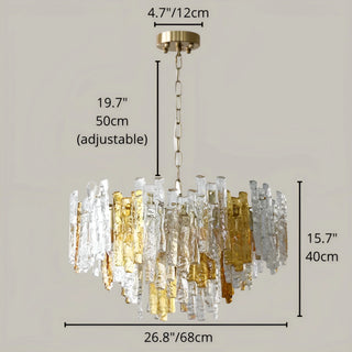 Dimension diagram of large Murano glass chandelier showing adjustable chain height and fixture size