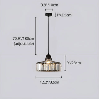 Diagram of 12.2in 32 cm K9 crystal pendant light with adjustable hanging cable, LED bulb socket