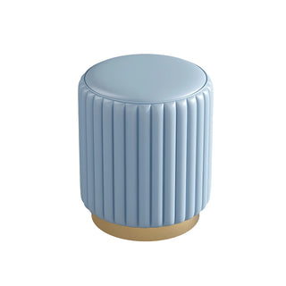 Light blue leather vanity stool with sleek gold base — minimalist modern home accent