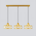 Linear ceiling fixture with three gold K9 crystal pendant lamps suspended by black cords