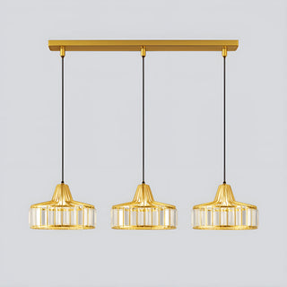 Linear ceiling fixture with three gold K9 crystal pendant lamps suspended by black cords