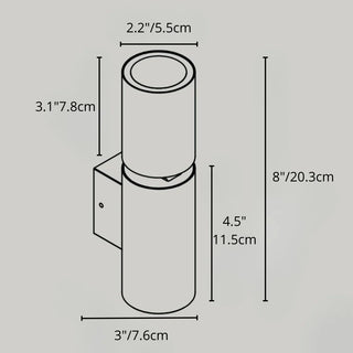 Technical drawing with dimensions of the Logic dual-beam outdoor wall sconce in inches and cm