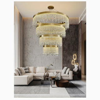Multi-tiered round crystal chandelier in stainless steel and K9 crystal