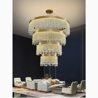 Multi-level golden chandelier with cascading crystal tiers
