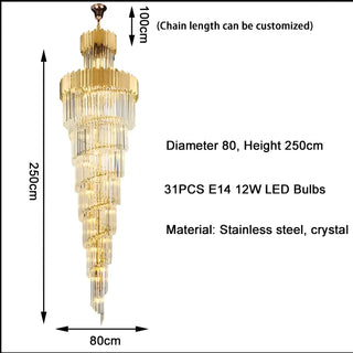 Long gold crystal chandelier with warm and cool white light