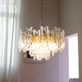 Luxury Murano glass chandelier glowing in a sophisticated contemporary interior setting