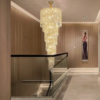 Cascading gold crystal chandelier in metal and crystal, adjustable cord