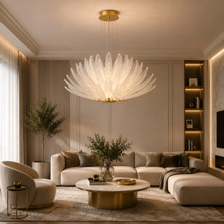 Luxury living room featuring the Lysara Tiered Crystal Leaf Chandelier as a statement centerpiece