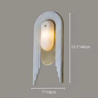 Wall light dimensions shown: 15.7 inches height and 7 inches width, with carved marble and brass design