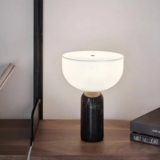 Modern marble cordless rechargeable table lamp with black marble base and minimalist frosted shade
