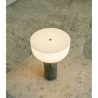 Top view of marble cordless rechargeable table lamp with touch control surface