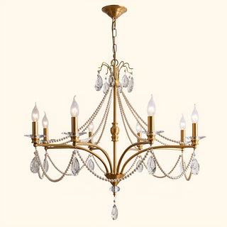 Gold finish Marcelline Pearl French candle crystal chandelier in round 8-light design with pearl detailing
