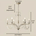 Dimensions of the Marcelline Pearl French candle crystal chandelier in round 6-light size, 26.8 inches wide