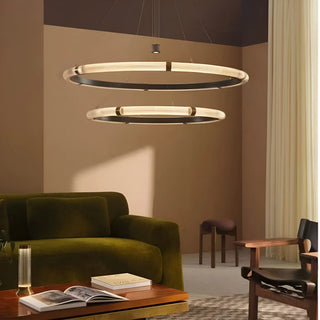 Milano Halo Ring Pendant Light in double-ring design suspended above a modern living room seating area