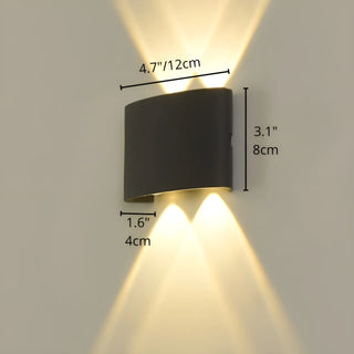 Dimensions overlay showing compact 4-beam minimalist black wall light with 4.4" 12cm width, 3.1" 8cm height, and 1.6" 4cm depth.