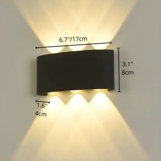 Minimalist 6-beam LED wall light with measurement overlay showing 6.7" 17cm width, 3.1" 8cm height, and 1.6" 4cm depth