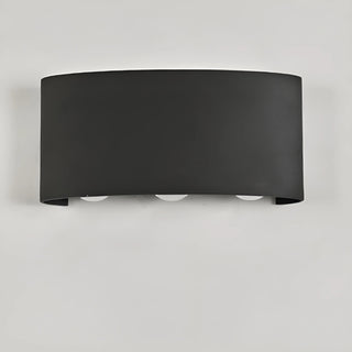 Front view of unlit minimalist 6-beam LED wall light in matte black finish, showcasing smooth curved design