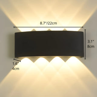 Measurement overlay of large 8-beam minimalist black LED wall light with 8.7" 22cm width, 3.1" 8cm height, and 1.6" 4cm depth