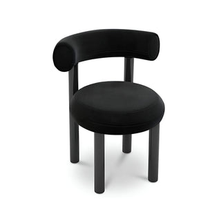Black minimalist upholstered chair with rounded backrest and black legs, perfect for dining or study