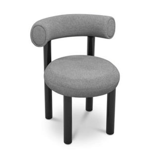 Gray minimalist upholstered chair featuring a rounded design and black sturdy legs