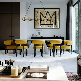Full dining room set featuring yellow minimalist upholstered chairs