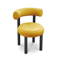 yellow minimalist upholstered chair with circular seat and sleek black legs