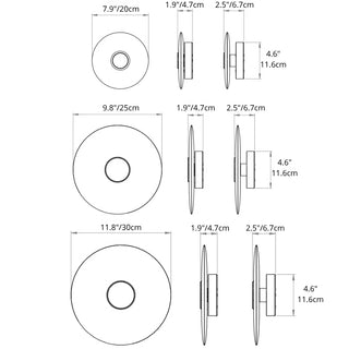 Technical drawing showing all size variations of MIRODEMI alabaster wall lights with detailed measurements in inches and centimeters