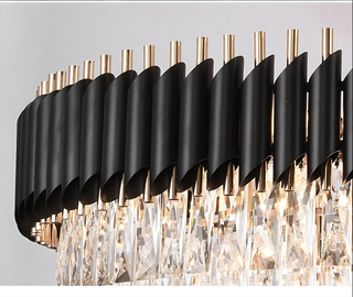 Long multi-tier crystal chandelier with E12 LED bulbs, warm or cool light