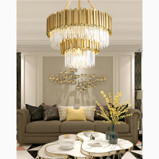 Gold crystal stairway chandelier with warm 3000K light